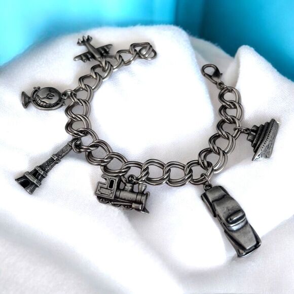 New Travel Charm Bracelet Globe, Eiffel Tower, Plane, Train Pewter Tone 8T - Picture 5 of 5